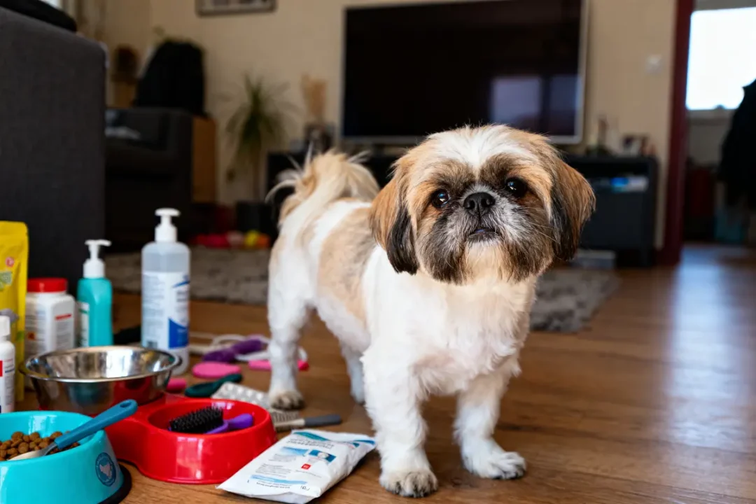 Chien Shih Tzu blanc et brun avec accessoires de toilettage dans un salon.