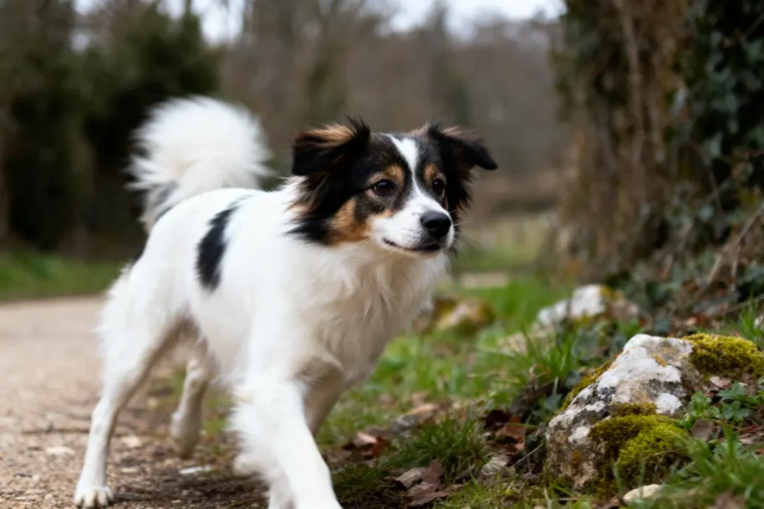 Chien blanc et noir marchant sur un chemin, entouré de verdure et de pierres moussues.