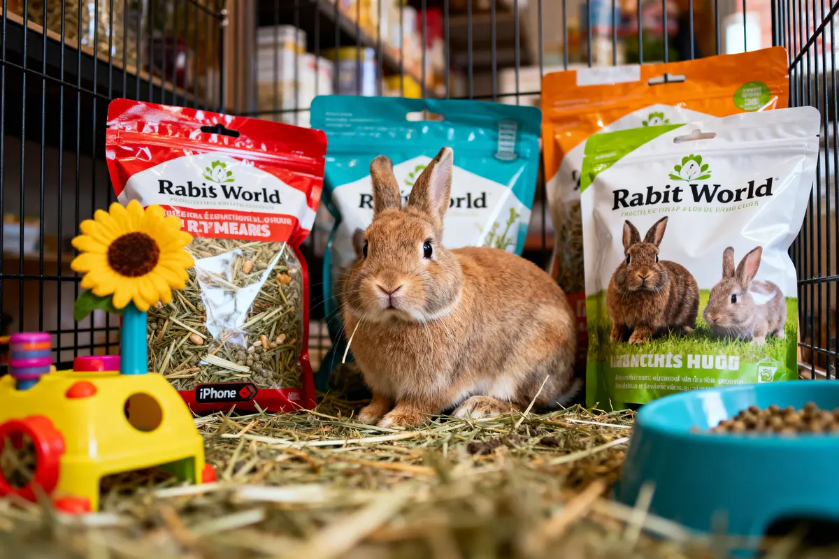 Lapin brun entouré de nourriture "Rabit World", jouet coloré et gamelle bleue dans une cage.