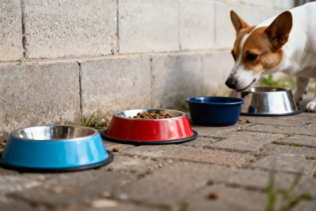Chien reniflant gamelle bleue parmi trois bols de nourriture, sur un sol en pavés, mur gris derrière.