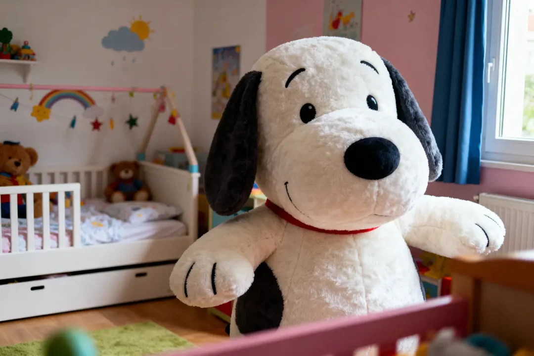 Grande peluche chien dans chambre d'enfant avec lit, jouets et décorations colorées. Fenêtre à droite, rideaux bleus.