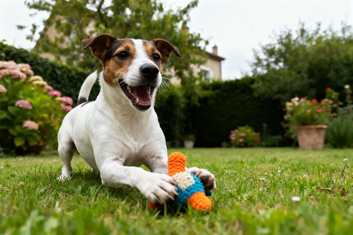 Chien Jack Russell joue joyeusement avec un jouet coloré dans un jardin fleuri.