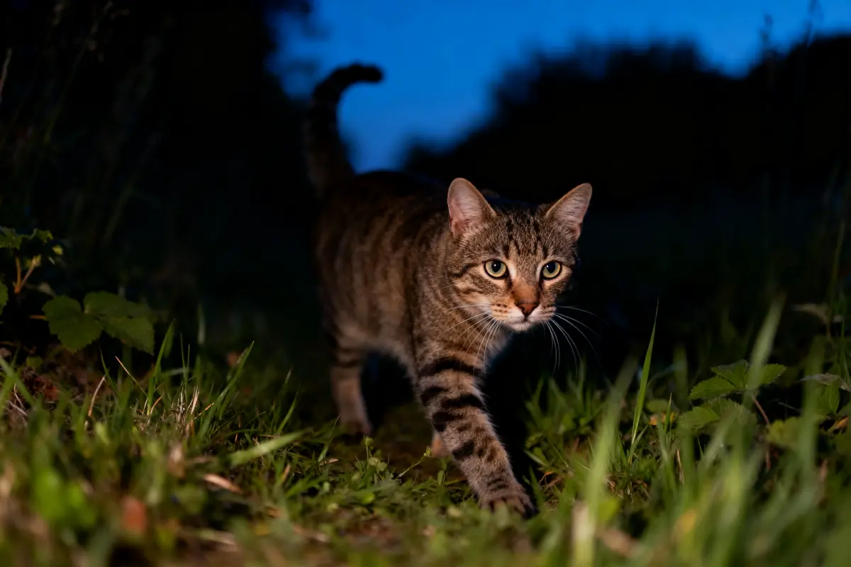 Chat tigré marchant dans l'herbe, éclairé de nuit, avec ciel bleu sombre en arrière-plan.