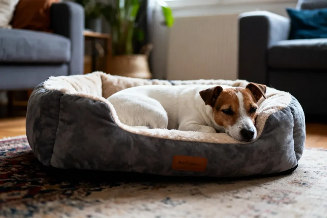 Chien Jack Russell endormi dans un panier moelleux, dans un salon confortable avec plantes et canapé.