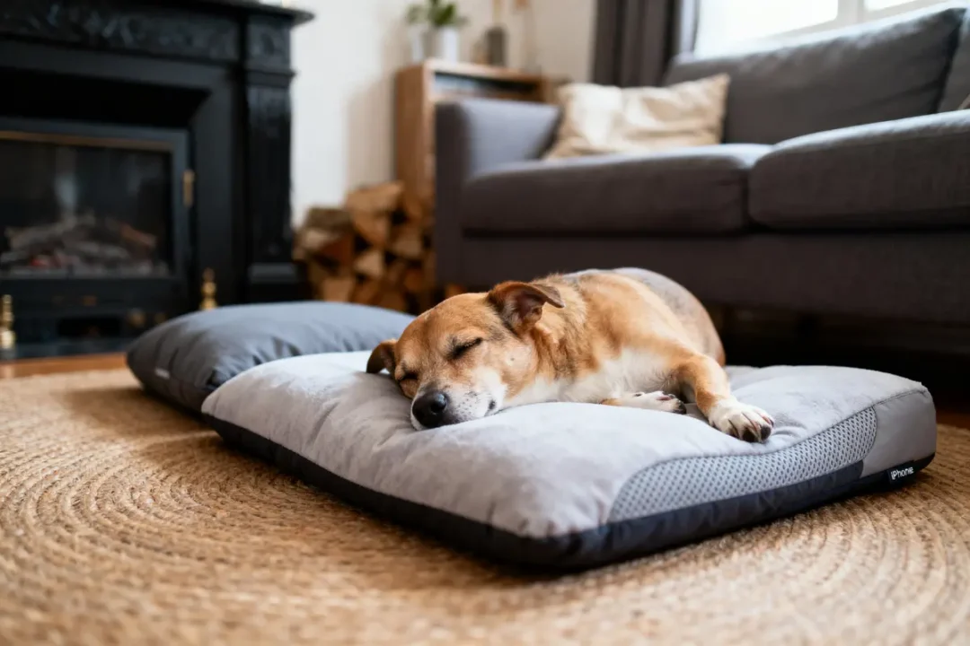 Chien endormi sur un coussin gris, près d'une cheminée, dans un salon confortable et lumineux.