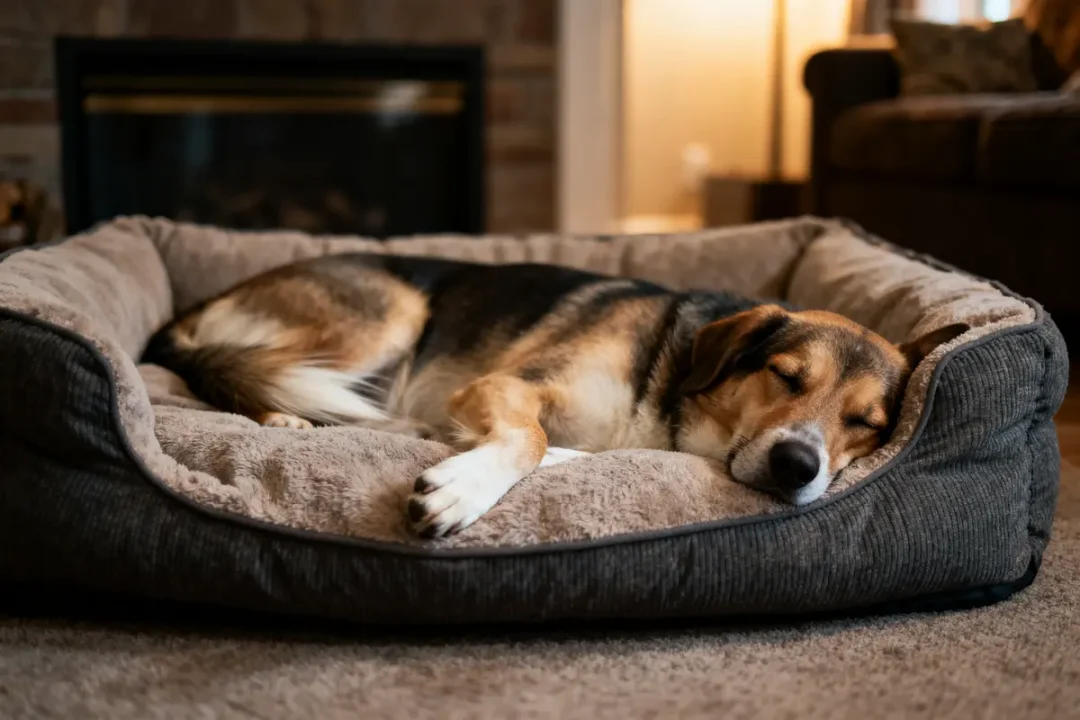 Chien endormi sur un grand coussin moelleux dans un salon chaleureux et confortable.