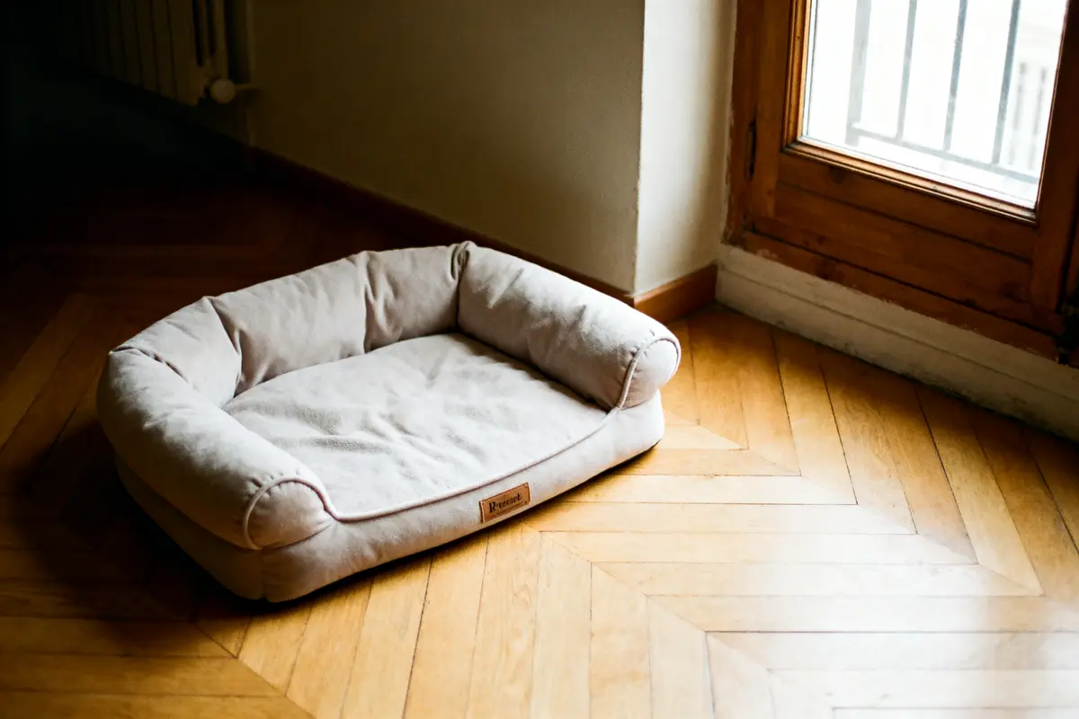Coussin beige pour chien sur parquet en bois, près d'une fenêtre ensoleillée.