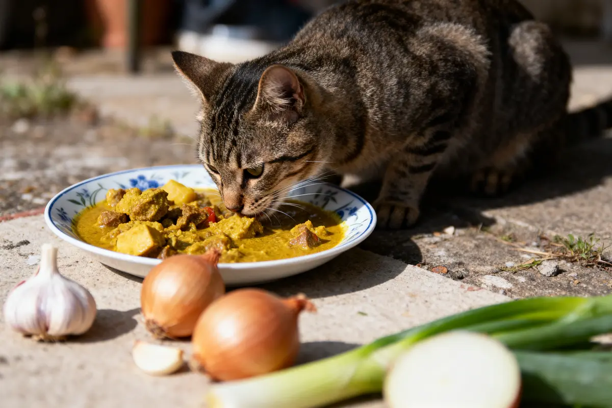 Chat tigré mangeant un plat de curry sur terrasse, entouré d'oignons, ail et poireaux.