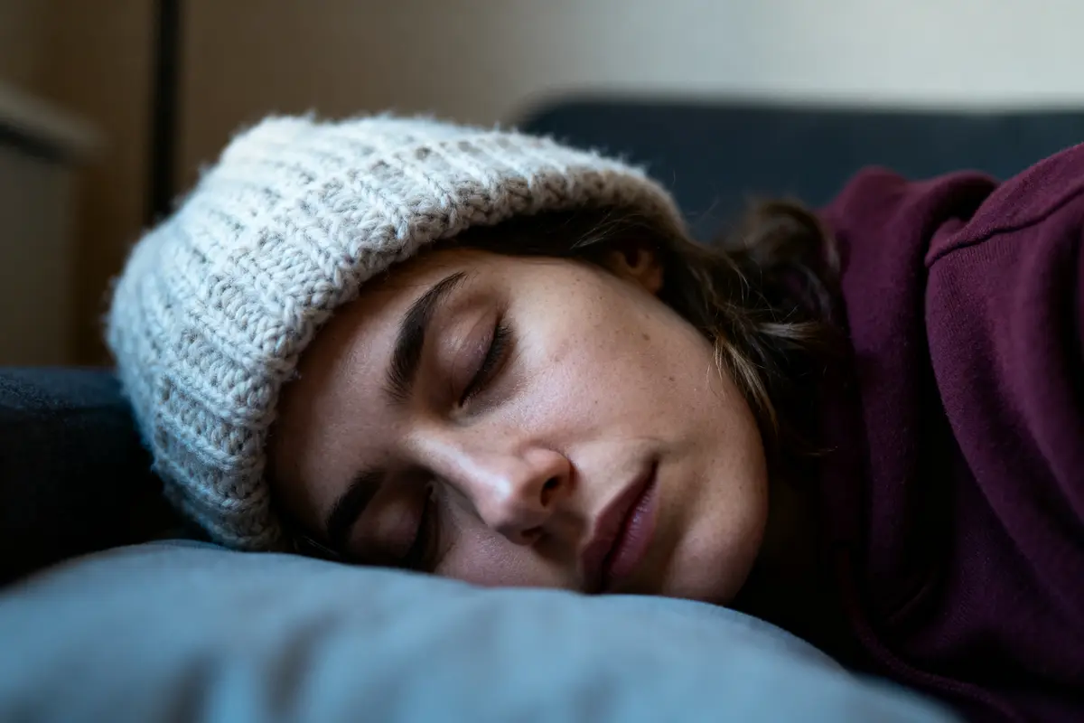 Personne dormant sur un canapé, portant bonnet blanc tricoté et pull bordeaux, visage détendu et paisible.