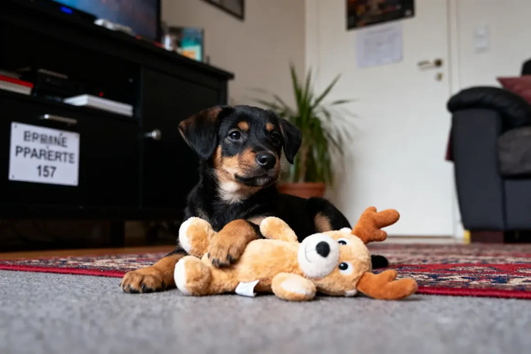 Chiot noir et marron avec peluche renne, allongé sur tapis intérieur, plante et mobilier en arrière-plan.