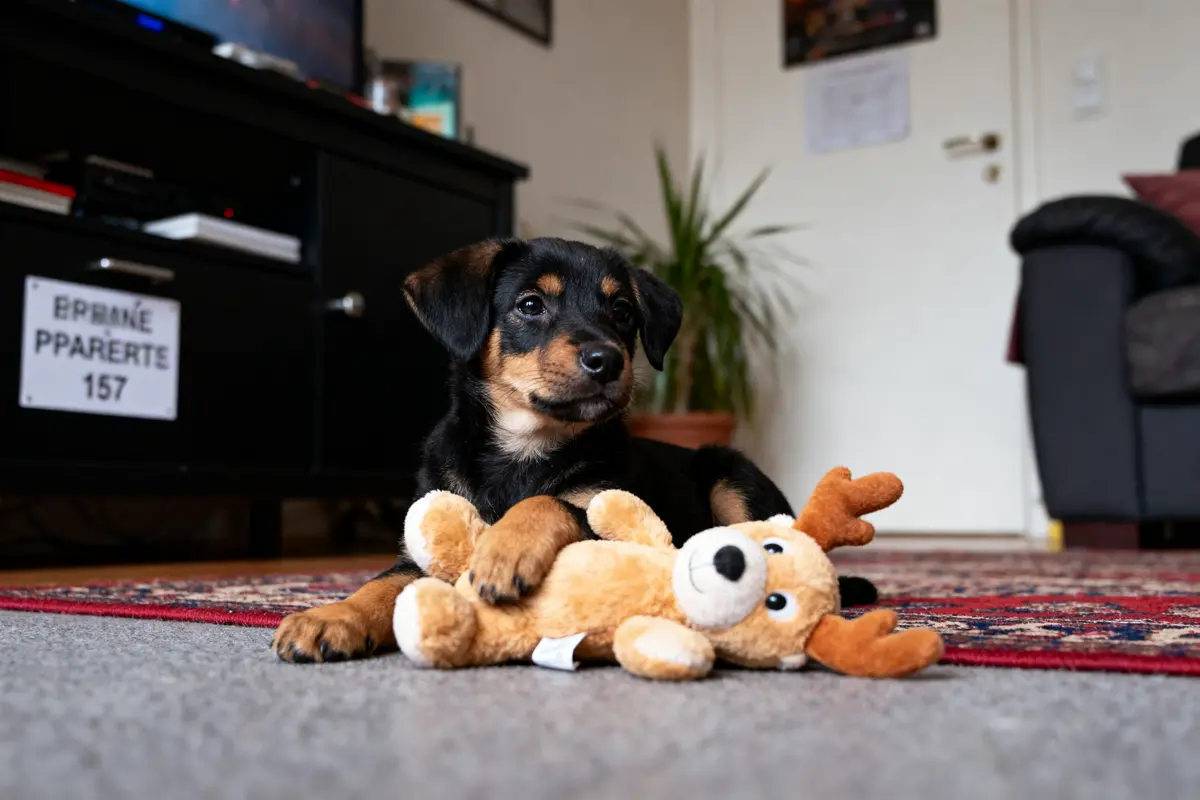 Chiot noir et marron avec peluche renne, allongé sur tapis intérieur, plante et mobilier en arrière-plan.