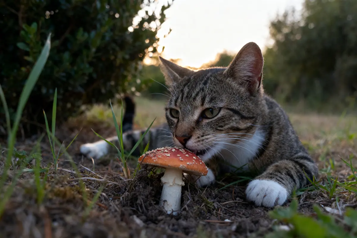 Chat tigré reniflant un champignon rouge et blanc dans un champ, entouré de verdure, au crépuscule.