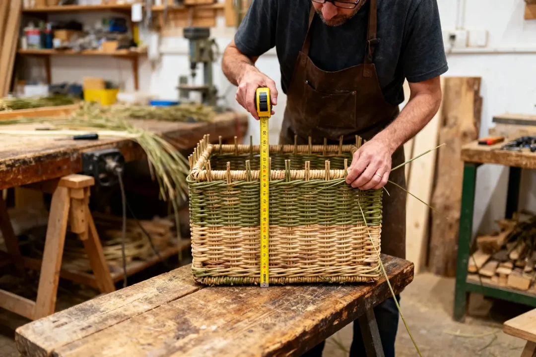 Artisan mesurant un panier en osier avec un mètre ruban dans un atelier de vannerie.