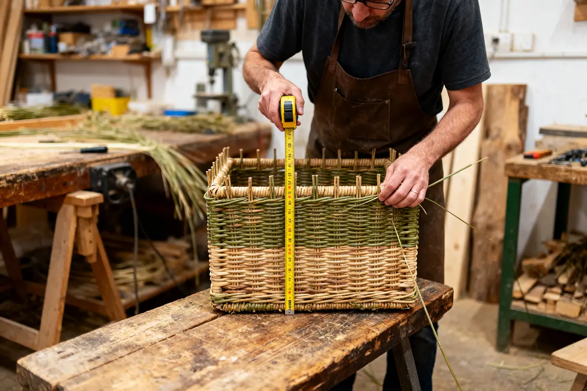 Artisan mesurant un panier en osier avec un mètre ruban dans un atelier de vannerie.