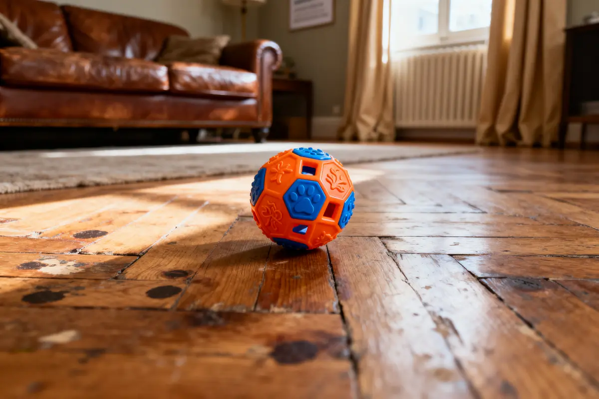 Balle de jouet orange et bleue sur parquet, canapé en cuir en arrière-plan, lumière naturelle.