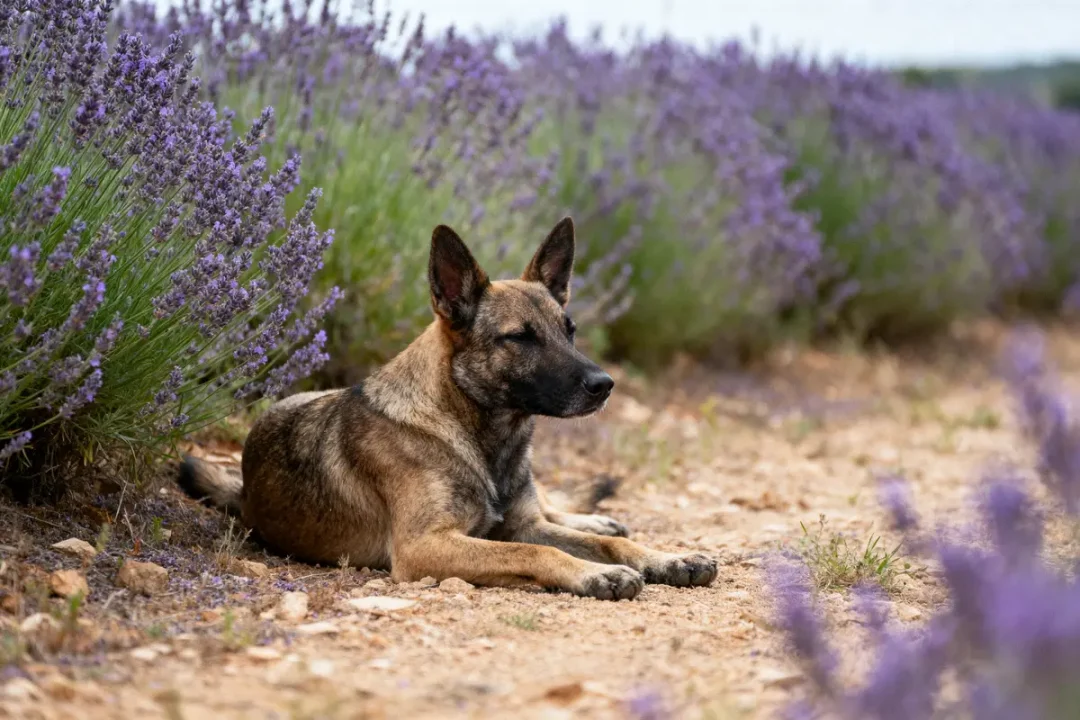 Chien couché dans un champ de lavande, sur un chemin de terre, par temps calme.