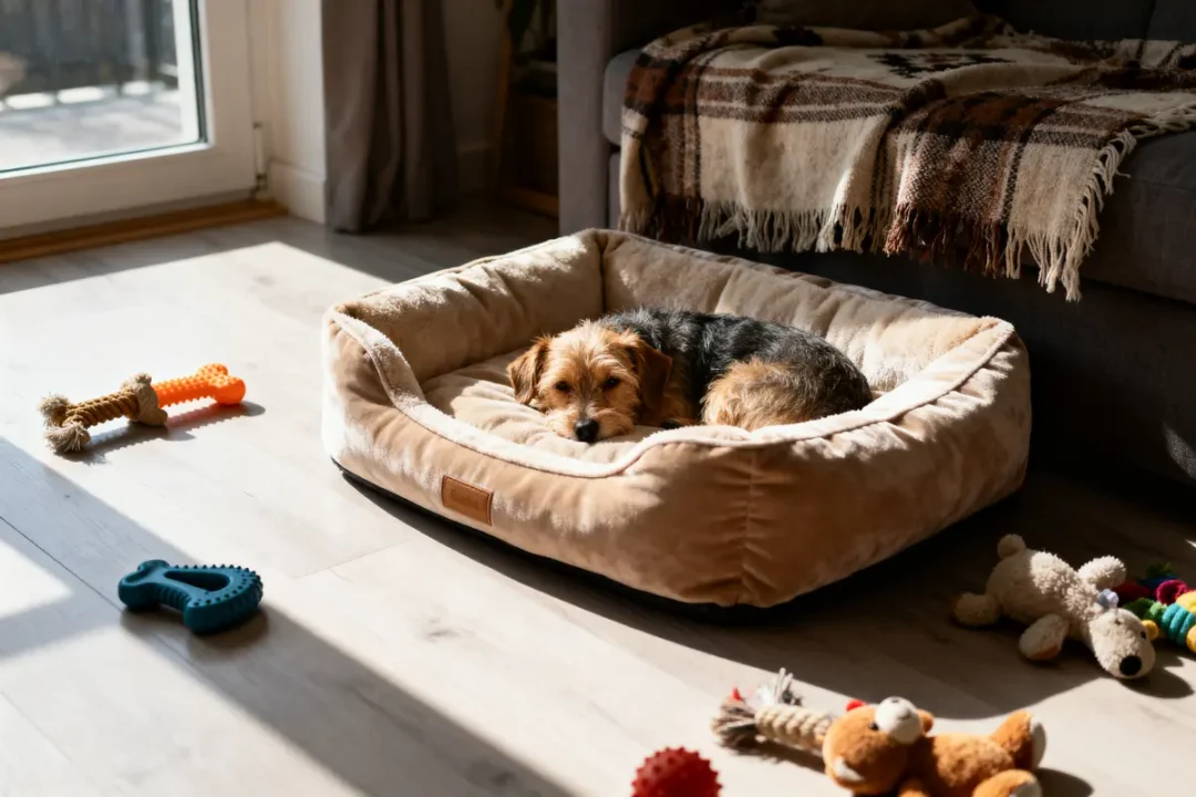 Chien allongé dans un panier moelleux, entouré de jouets, éclairé par le soleil près d'une fenêtre.