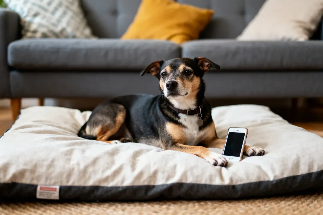 Chien allongé sur un coussin avec un smartphone, devant un canapé gris et coussins colorés.