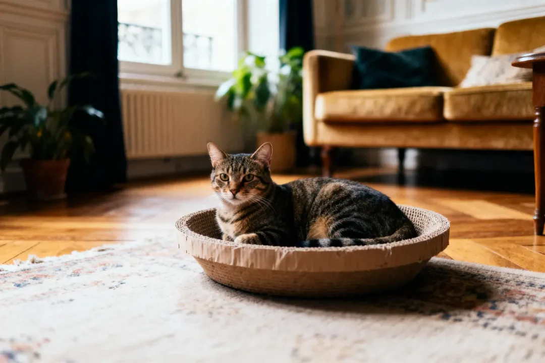 Chat tigré allongé dans un panier en carton sur le sol d'un salon cosy.