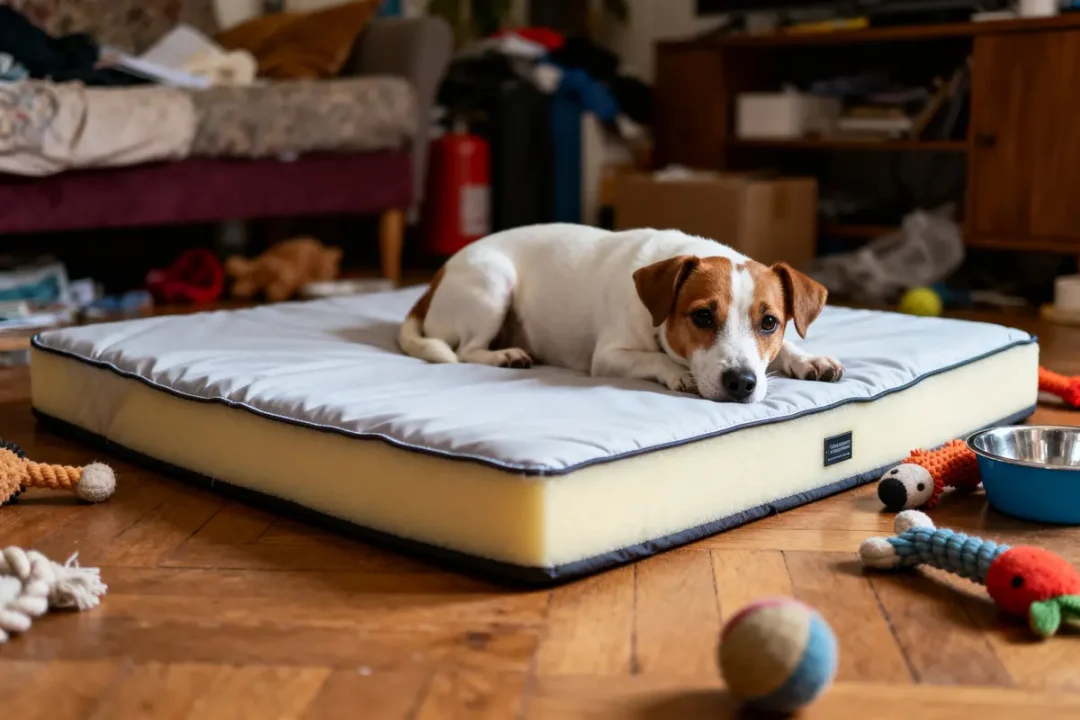 Chien allongé sur un matelas au sol, entouré de jouets et d'une gamelle dans un salon désordonné.