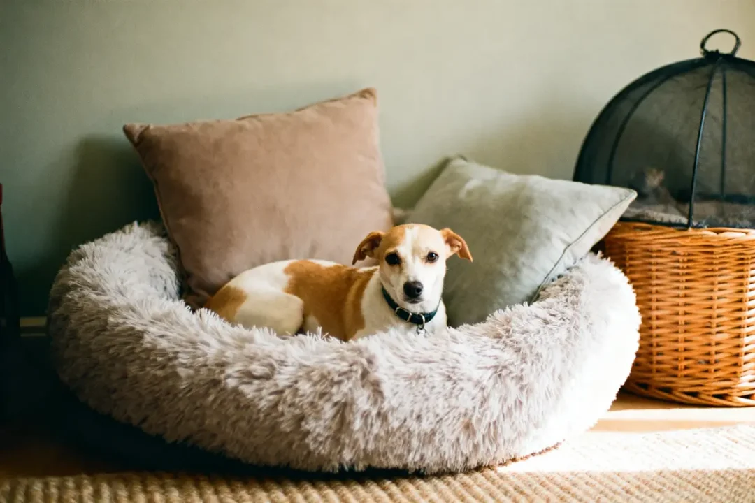 Chien marron et blanc couché dans un grand panier doux, entouré de coussins, près d'un panier en osier.