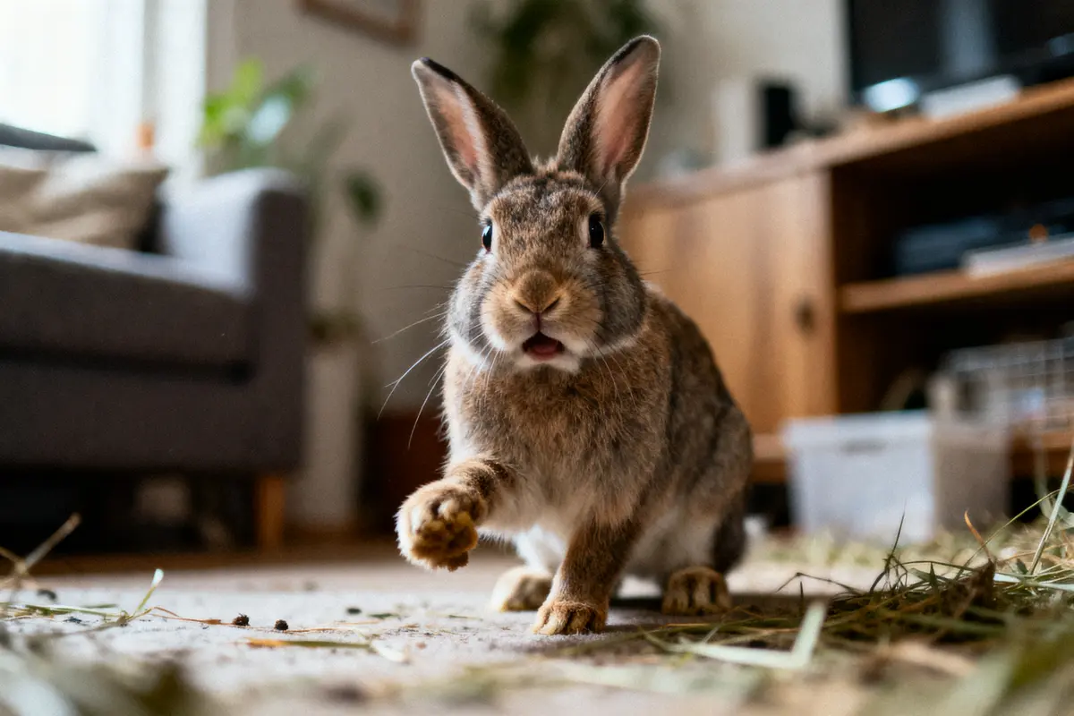 Lapin curieux dans un salon, sur un tapis, entouré de paille, oreilles dressées, regard étonné.