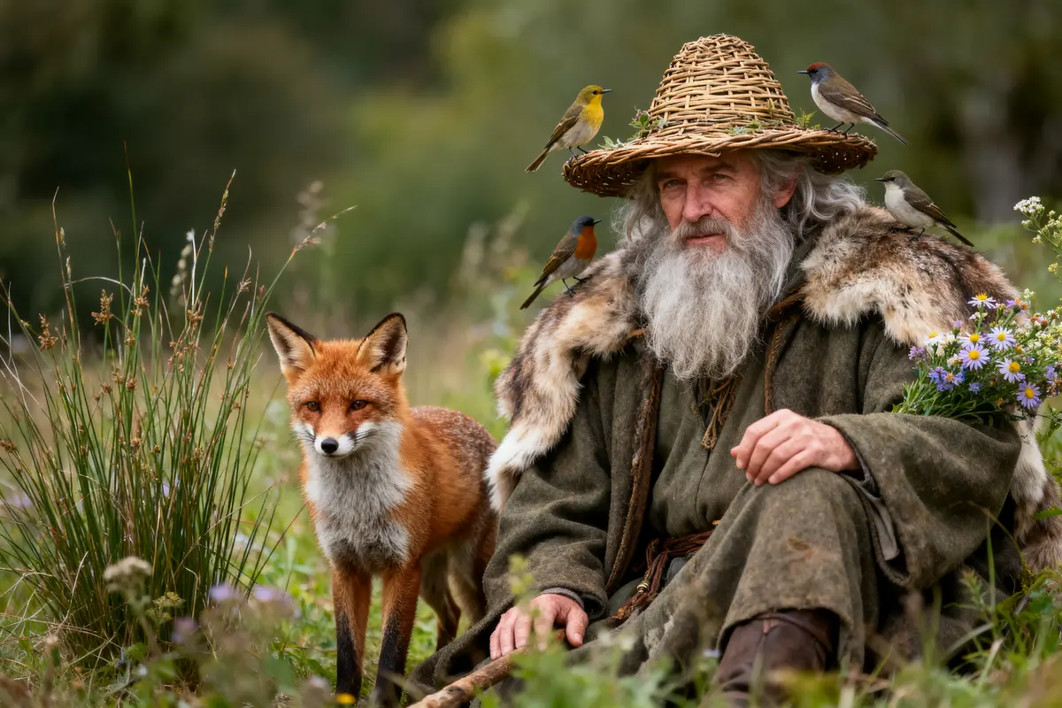 Vieil homme barbu avec chapeau, entouré de renard et oiseaux, assis dans un pré fleuri.