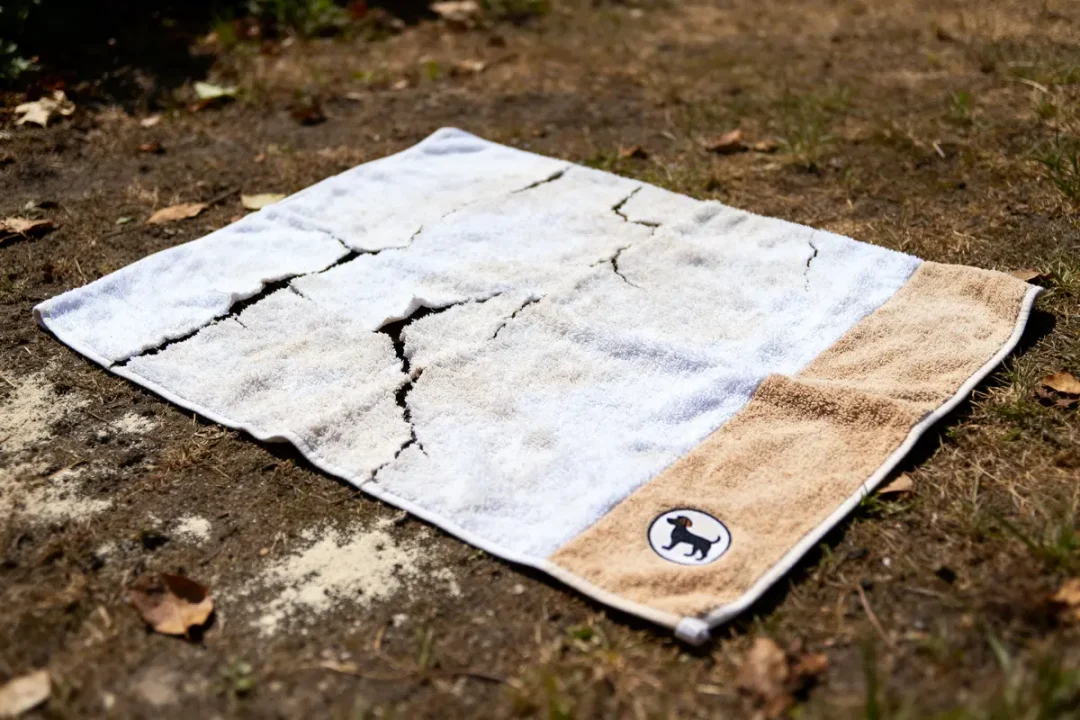 Serviette posée sur sol sec craquelé, motif chien, extérieur herbe sèche autour, certaines feuilles visibles.