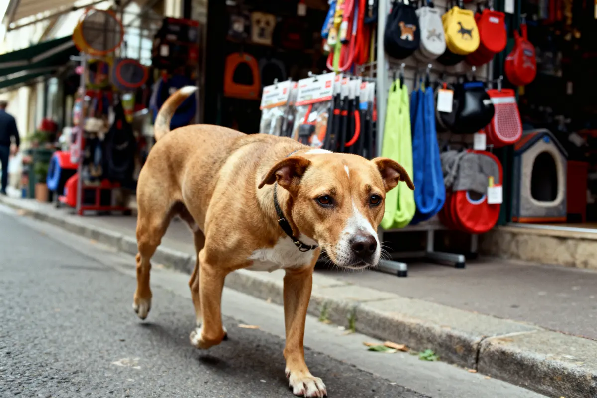 Chien marron marchant sur le trottoir devant une animalerie avec accessoires colorés en arrière-plan.