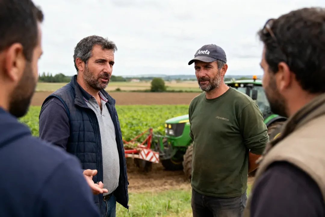 Quatre hommes discutant dans un champ, un tracteur en arrière-plan, ciel nuageux.