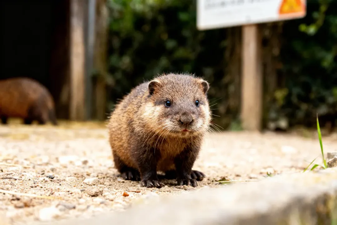 Jeune marmotte brune sur sol pierreux, arrière-plan flou avec panneau. Animal regardant vers la caméra.