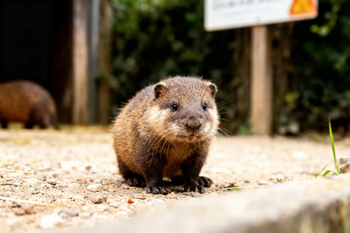 Jeune marmotte brune sur sol pierreux, arrière-plan flou avec panneau. Animal regardant vers la caméra.