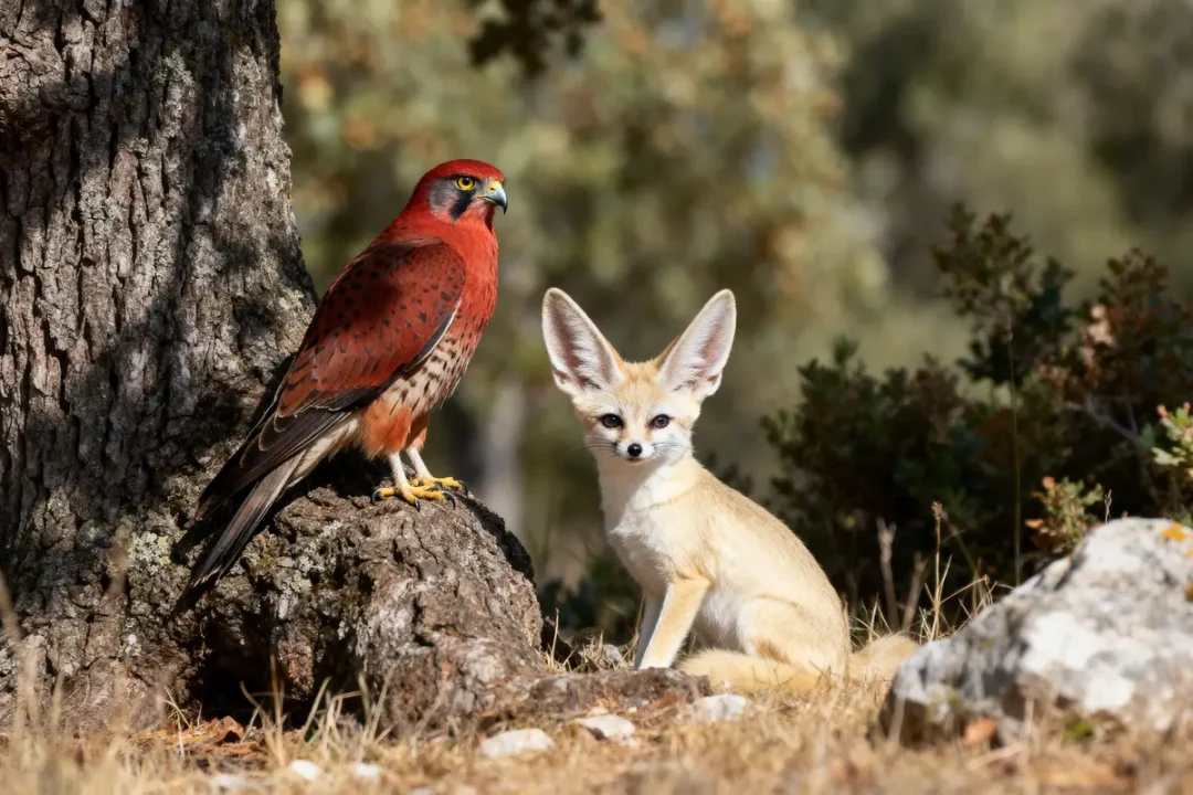 Faucon perché sur tronc d'arbre, renard fennec assis, environnement naturel boisé.