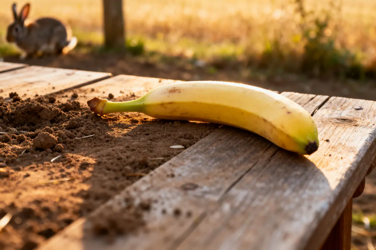 Banane posée sur une table en bois, sol terreux, lapin flou en arrière-plan, éclairage ensoleillé.