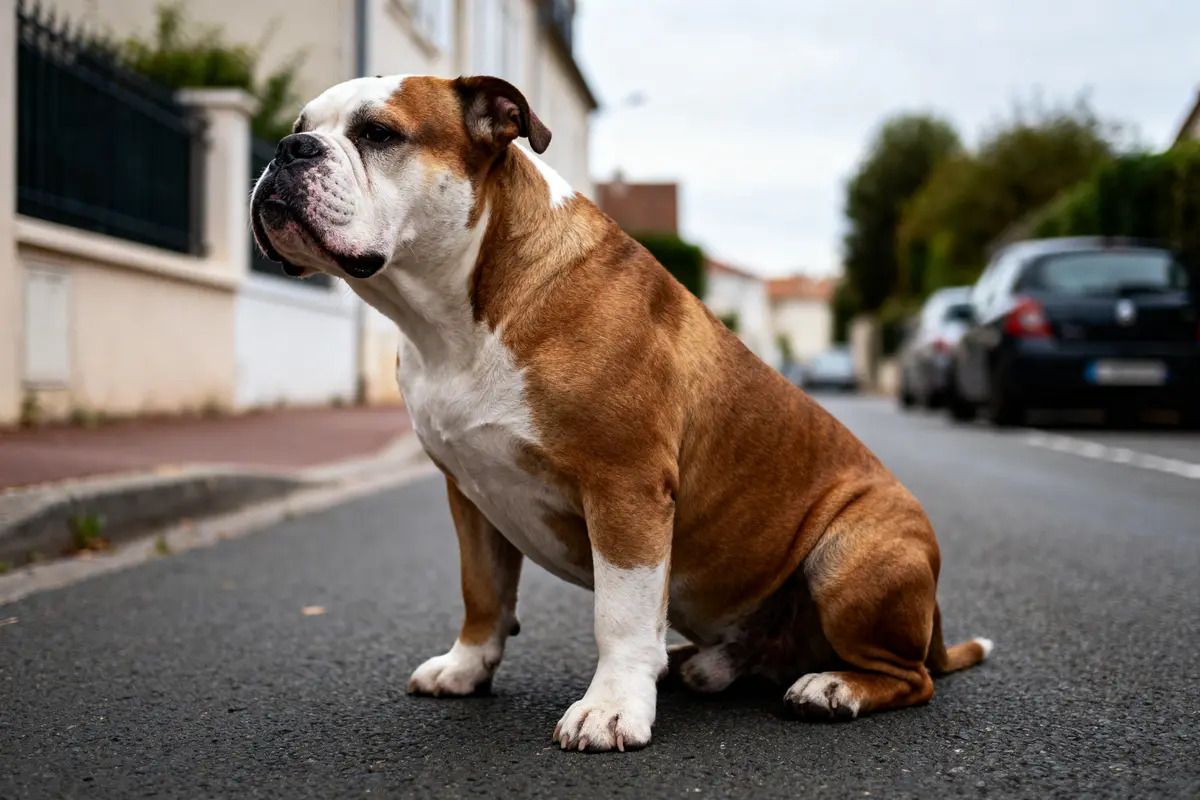 Bulldog assis sur une route, quartier résidentiel, voitures garées, ciel nuageux.