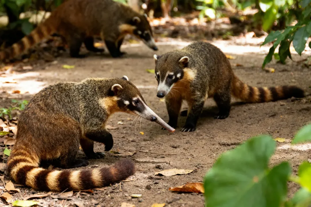 Trois coatis marchent sur un sol forestier, entourés de feuillage vert.