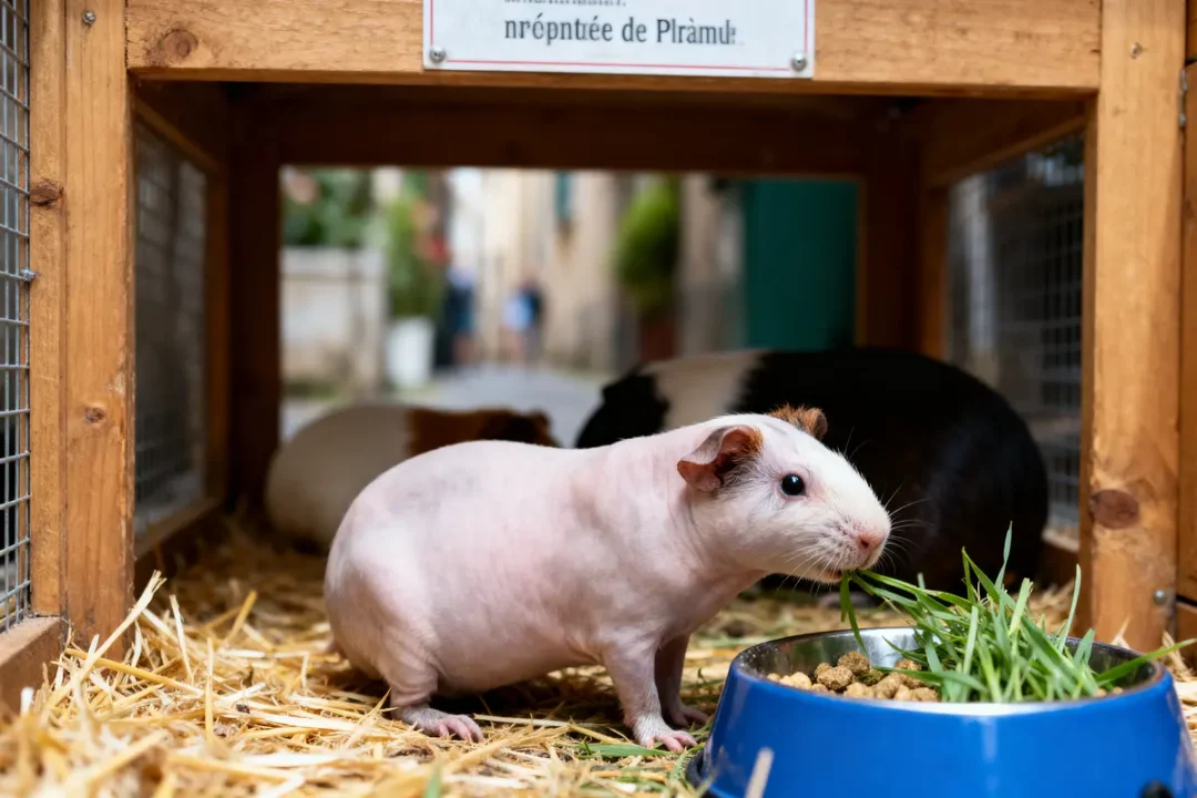 Cochons d'Inde dans une cage en bois, mangeant des granulés et de l'herbe.