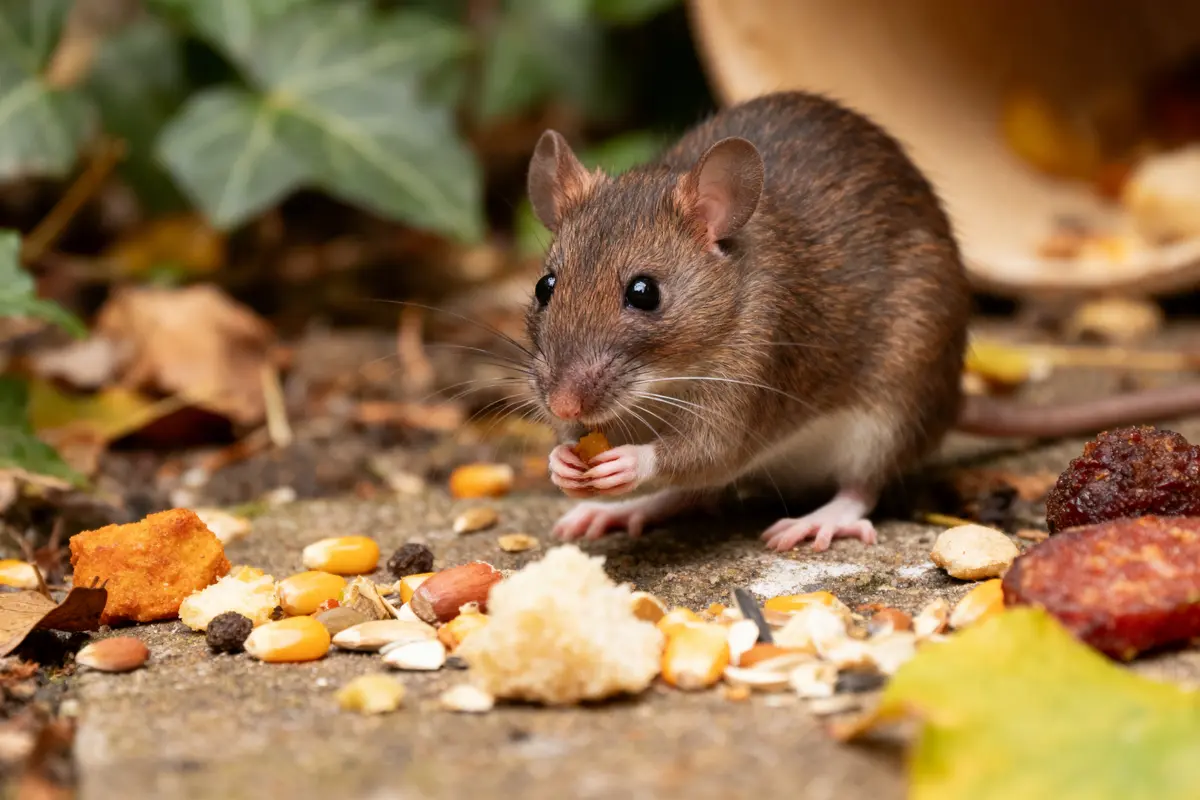 Rat brun mangeant des graines et miettes sur sol avec feuilles mortes et herbes.