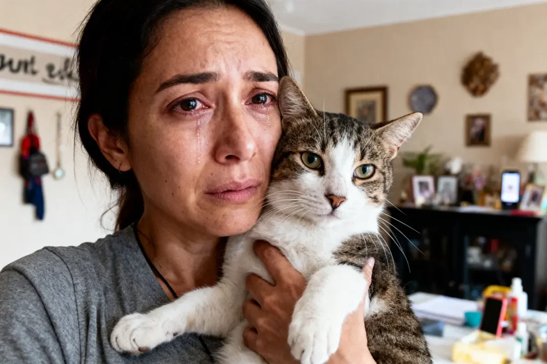 Femme en larmes tenant un chat dans un salon, expression émotive et réconfortante.