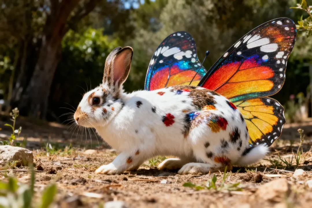 Lapin tacheté avec ailes de papillon colorées, posé sur sol terreux en extérieur verdoyant.