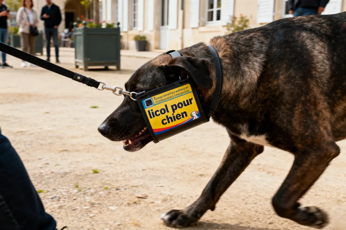 Chien avec muselière métallique tenant panneau "licol pour chien" en promenade extérieure.