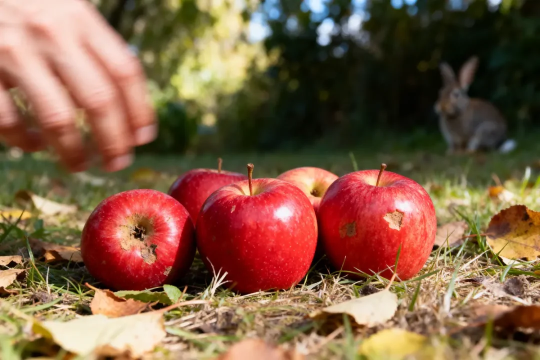 Pommes rouges sur gazon, main en mouvement, lapin à l'arrière-plan dans un jardin ensoleillé.