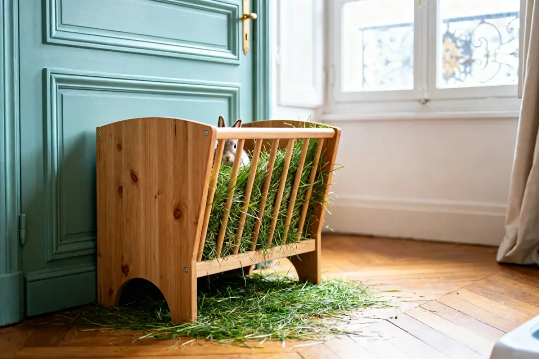 Un lapin dans une mangeoire en bois remplie de foin, près d'une porte turquoise.