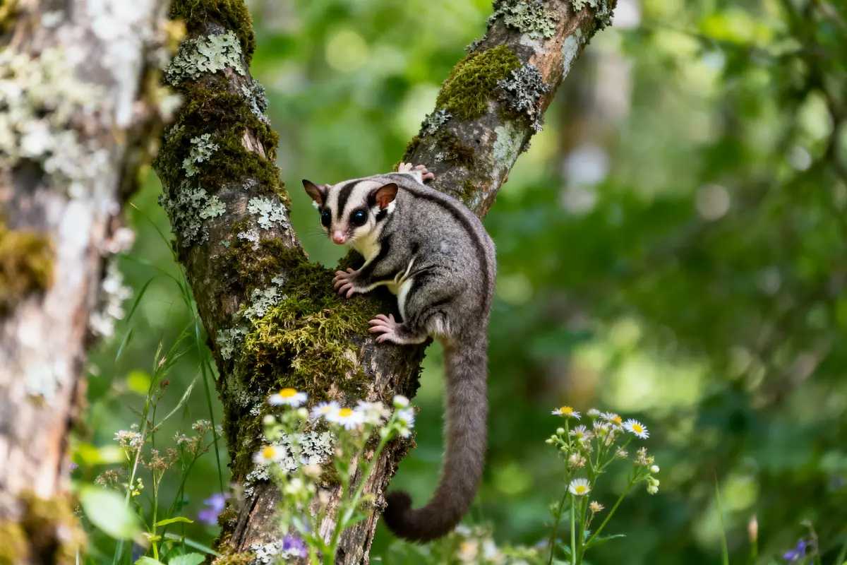 Un petit marsupial gris sur une branche, entouré de mousse et de fleurs sauvages.