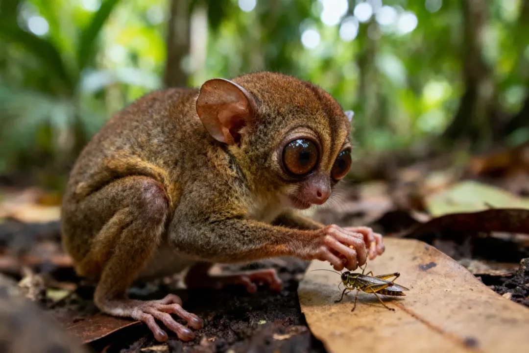 Petit animal aux grands yeux observant un insecte sur une feuille dans la forêt.