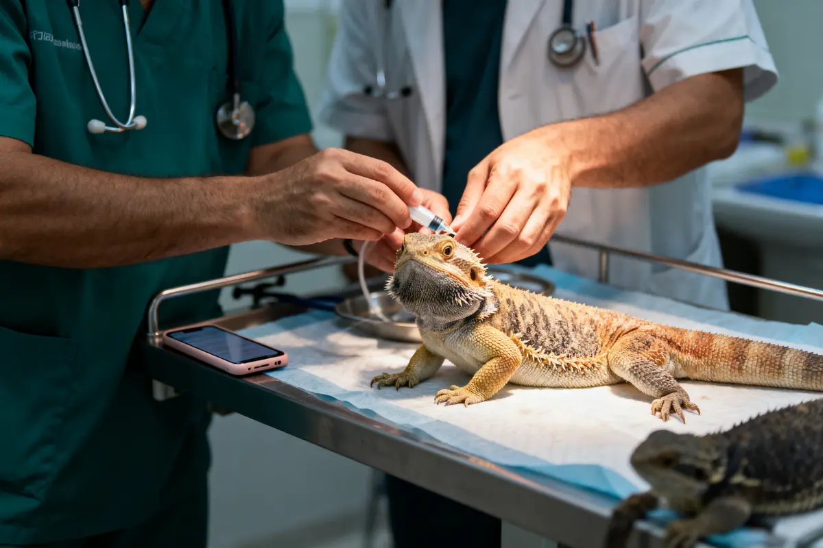 Deux vétérinaires soignent un lézard sur une table d'examen, stéthoscopes autour du cou.