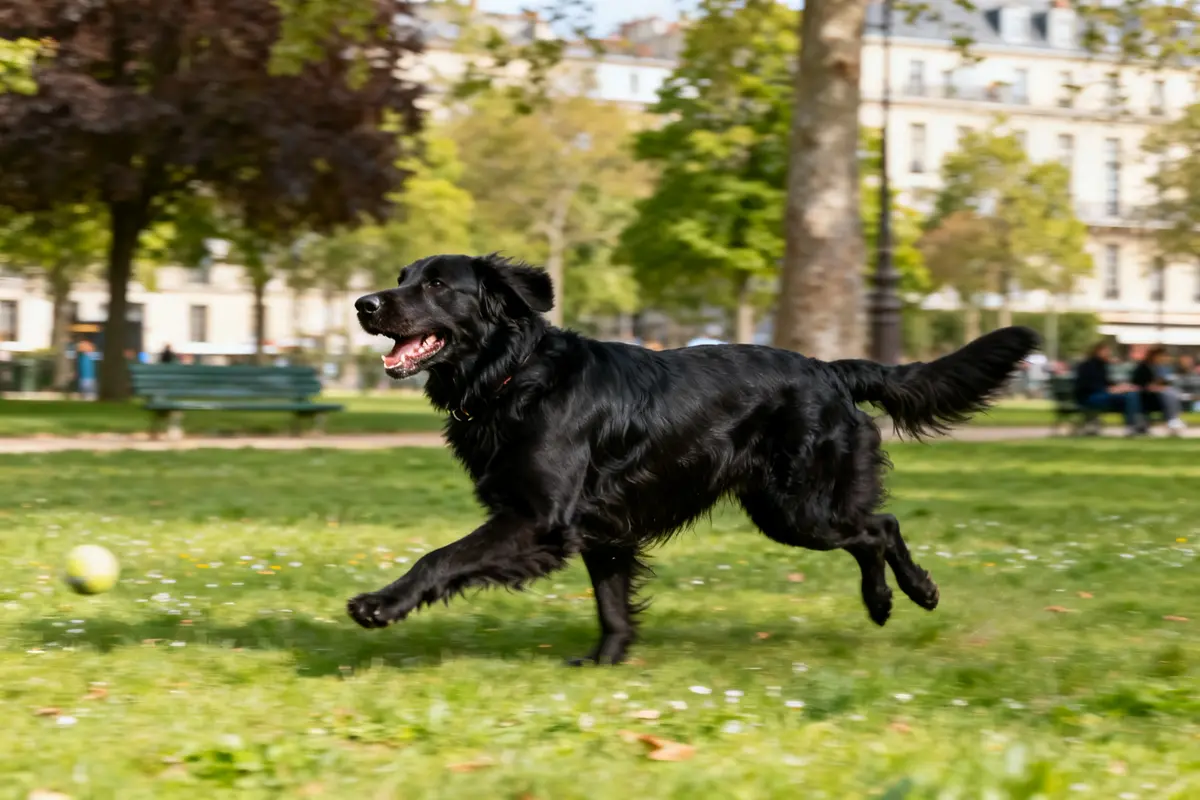 Flattened Coated Retriever courant joyeusement dans un parc vert avec une balle.