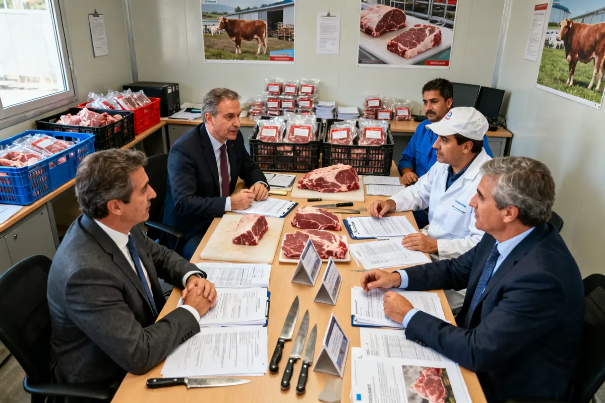 Groupe d'experts discutant de la qualité de la viande Interbev dans une salle de réunion