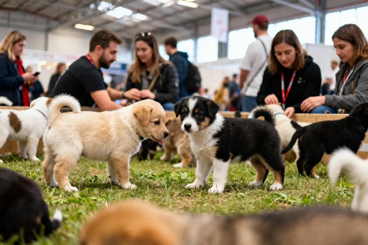 Chiots joueurs interagissant au Salon du chiot avec des visiteurs autour