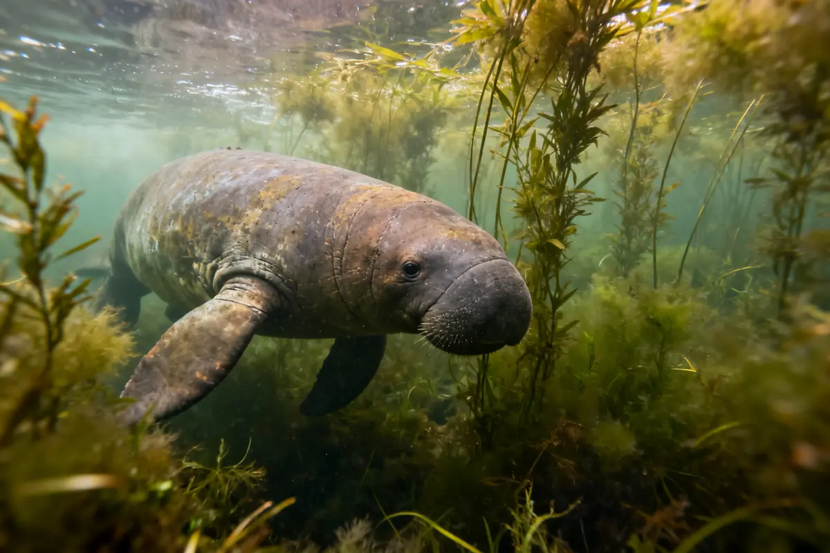 Animal lamantin nageant paisiblement parmi des plantes aquatiques dans une eau claire et verdoyante